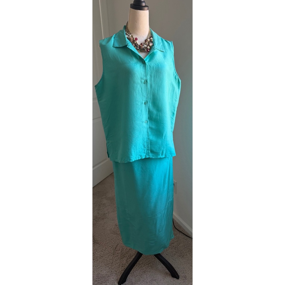 Jones New York Turquoise 2 Piece Button Up Sleeveless Maxi All Silk Skirt Set 16